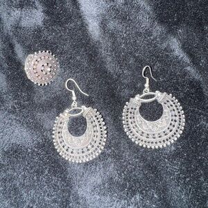 Tribal Silver Earrings and Adjustable Ring Set